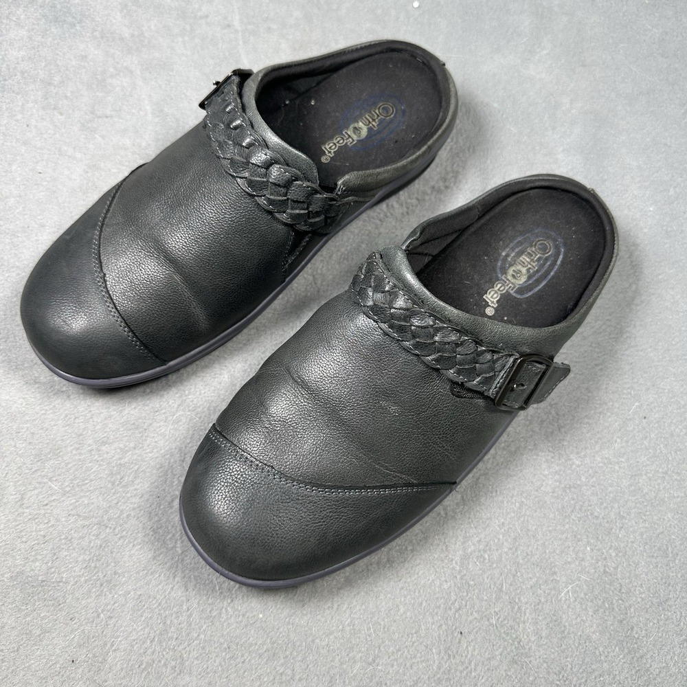 Orthofeet Irma Women's Black Gray Leather Clog Mule Shoes Wide Size 10